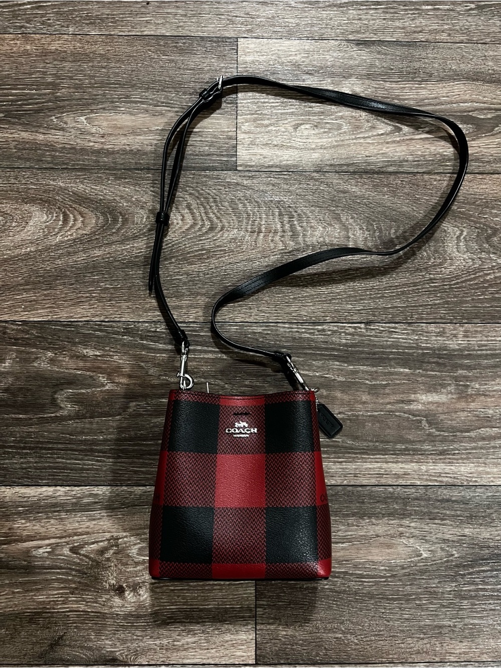 Coach Mini Town Bucket Bag Red and Black Buffalo Plaid Crossbody Bag